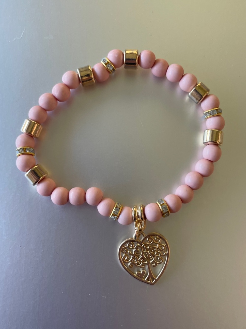 Pink Beaded Bracelet with Gold Heart Tree Charm